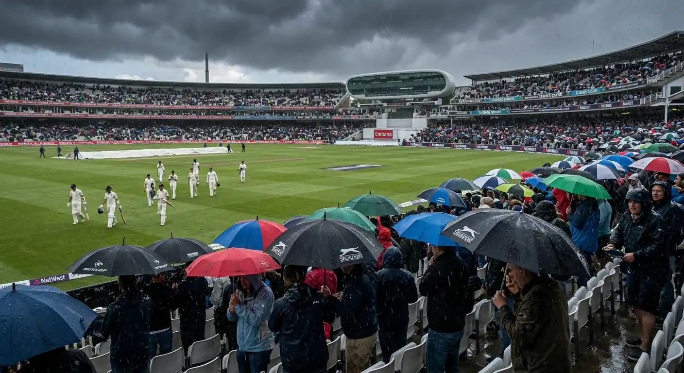 Spettatori che si riparano sotto la pioggia improvvisa in uno stadio di cricket
