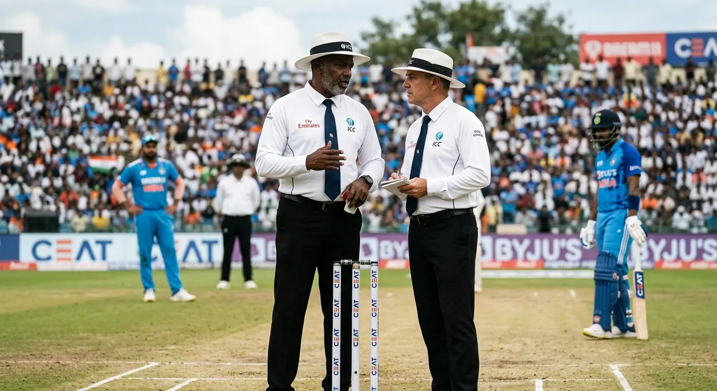 Arbitri di cricket che si consultano in campo per una decisione sul pareggio