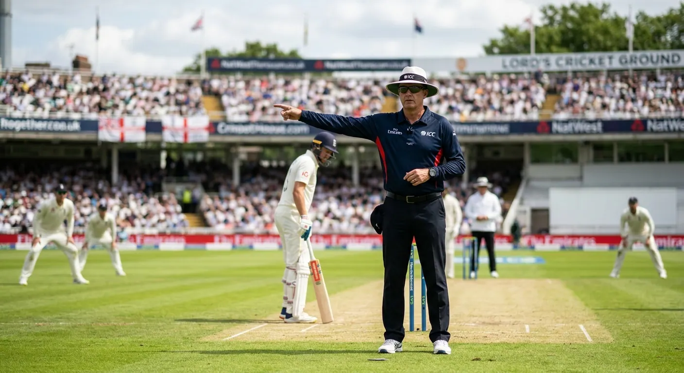 Arbitro di cricket in campo che segnala l'inizio del gioco con i giocatori schierati