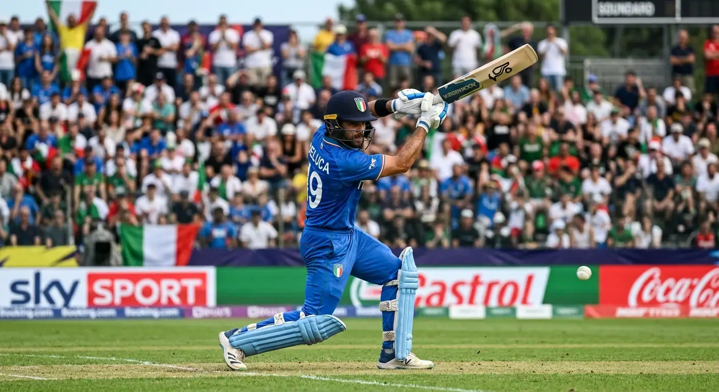 Battitore di cricket che colpisce la palla verso il limite del campo per un boundary