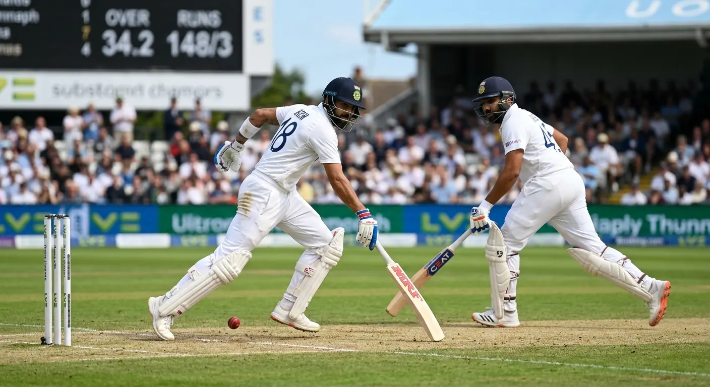 Due battitori di cricket che corrono tra i wicket per segnare run