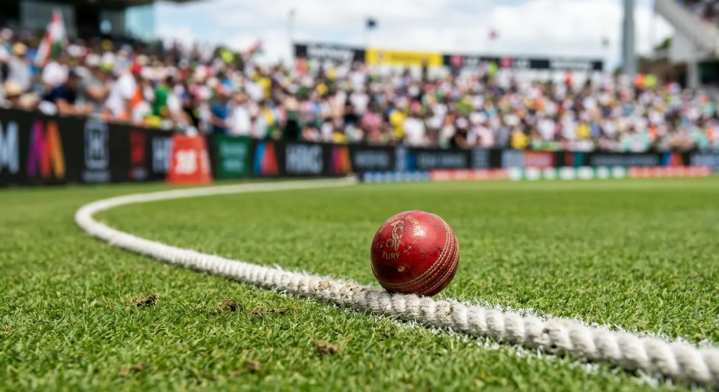 Palla da cricket che supera la corda del boundary sul bordo del campo