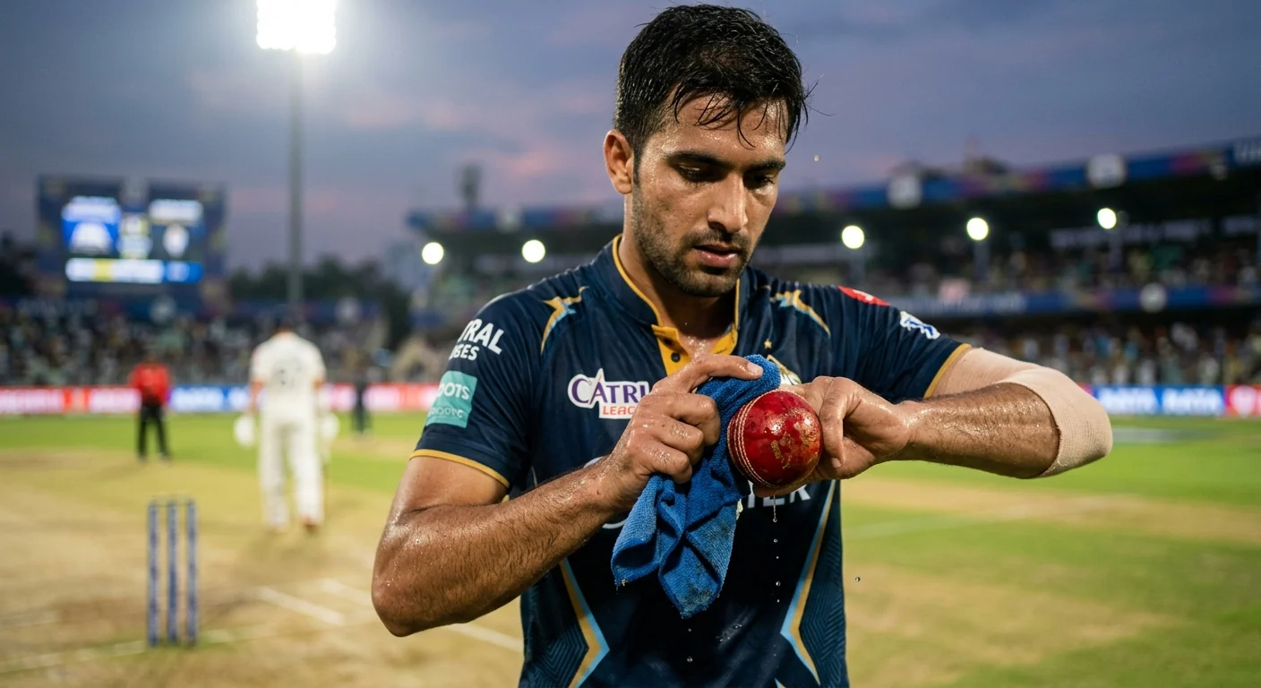 Lanciatore di cricket che asciuga la palla umida tra le mani