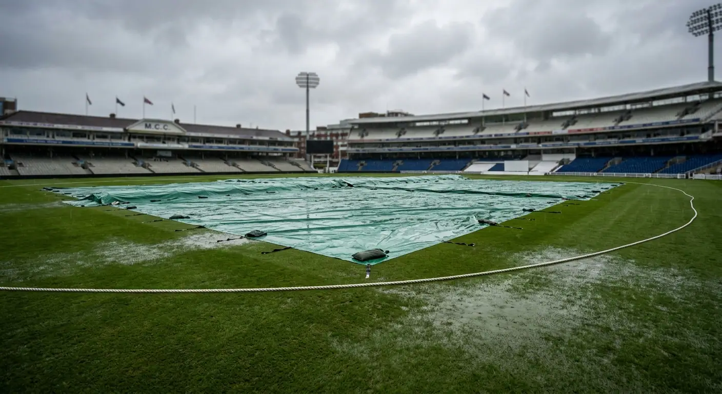 Campo da cricket con teloni di copertura stesi sul pitch durante un'attesa per pioggia