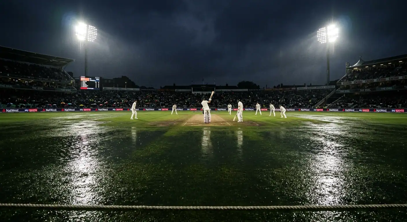 Campo da cricket umido che riflette le luci dei riflettori in una serata di gioco