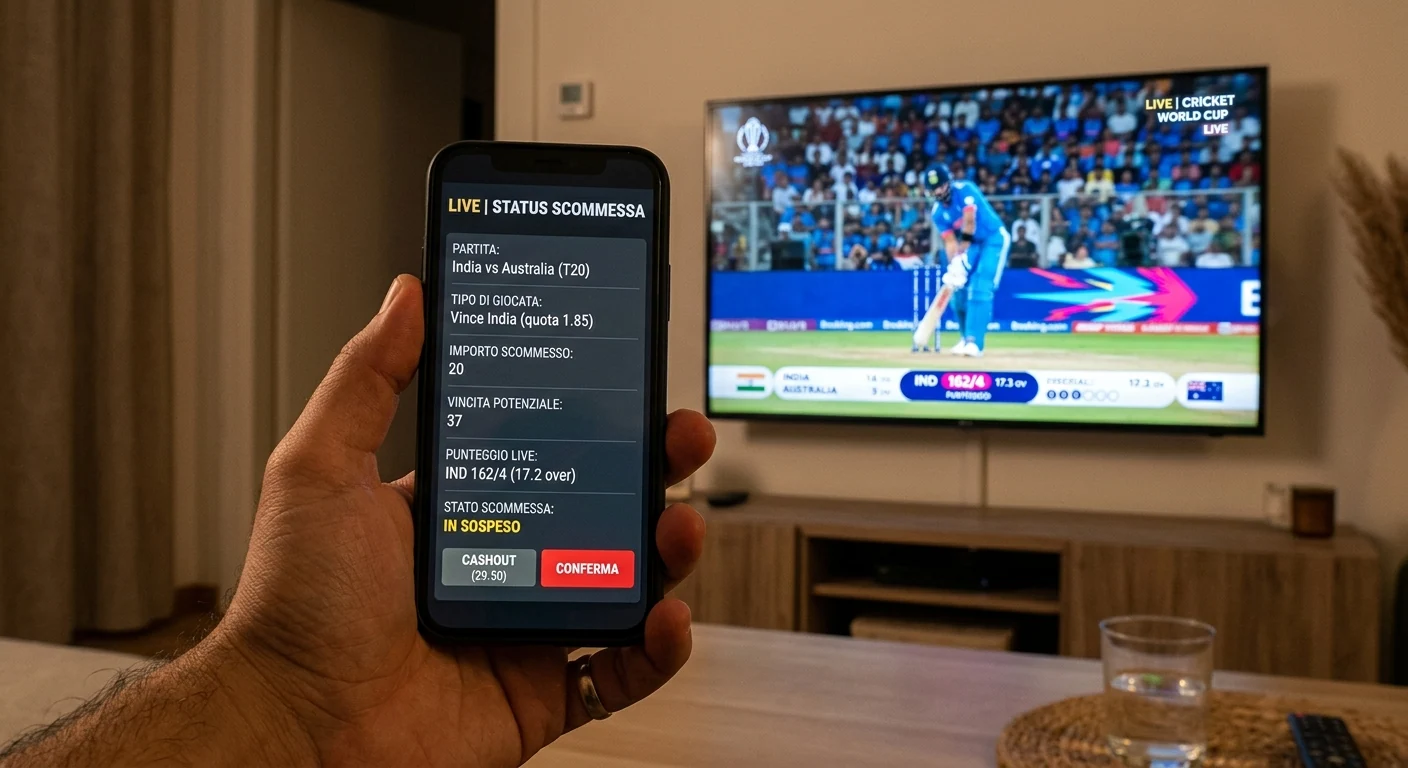 Persona che valuta sullo smartphone se chiudere una giocata sul cricket in corso