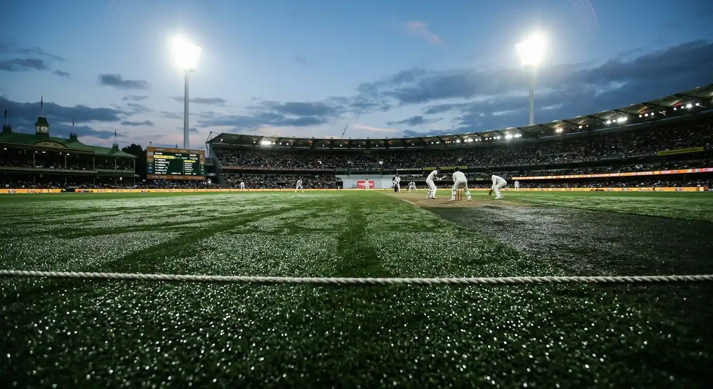 Campo da cricket serale coperto di rugiada sotto i riflettori dello stadio