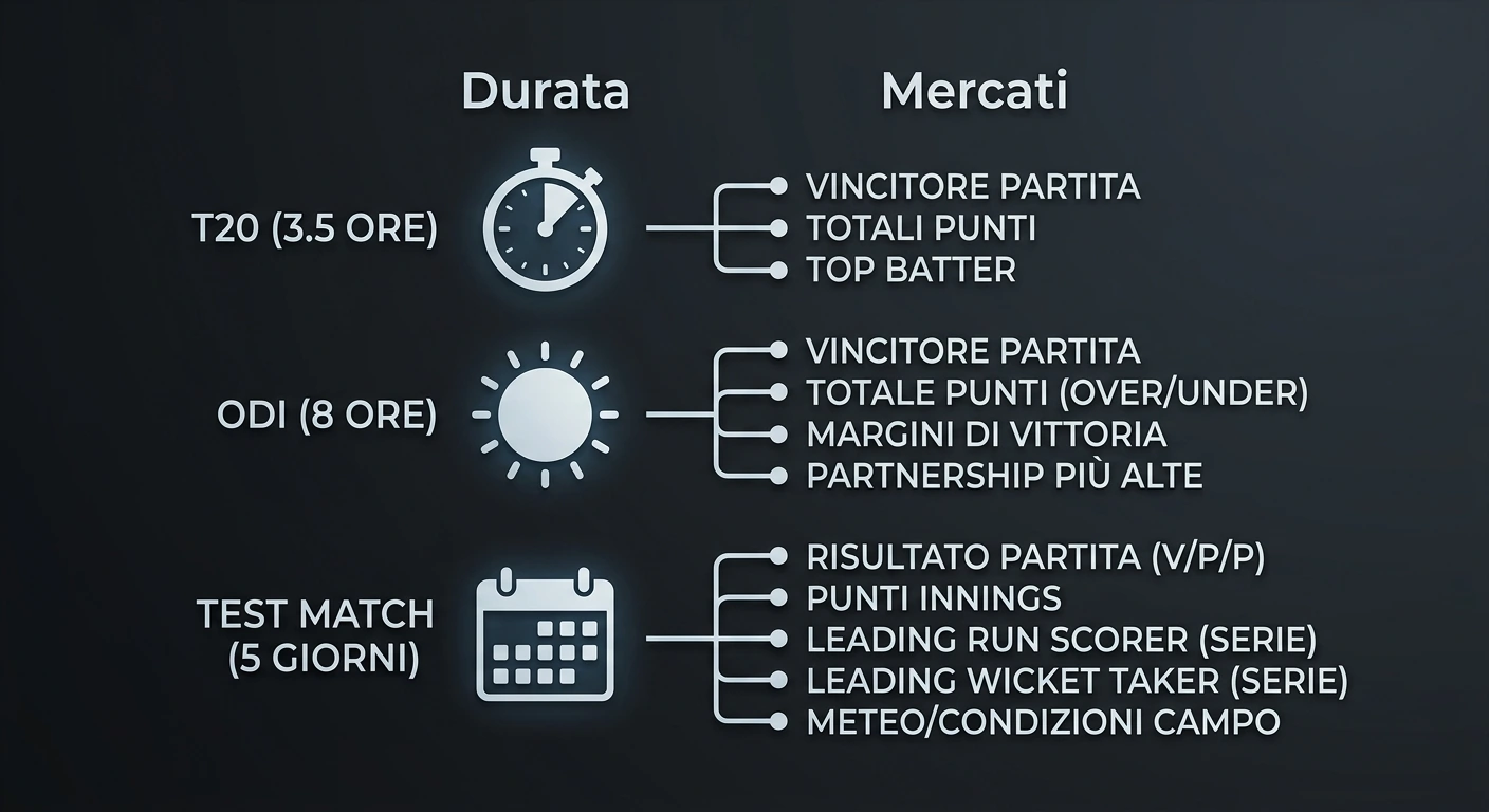 Schema che collega la durata di ciascun formato cricket ai mercati di scommessa disponibili