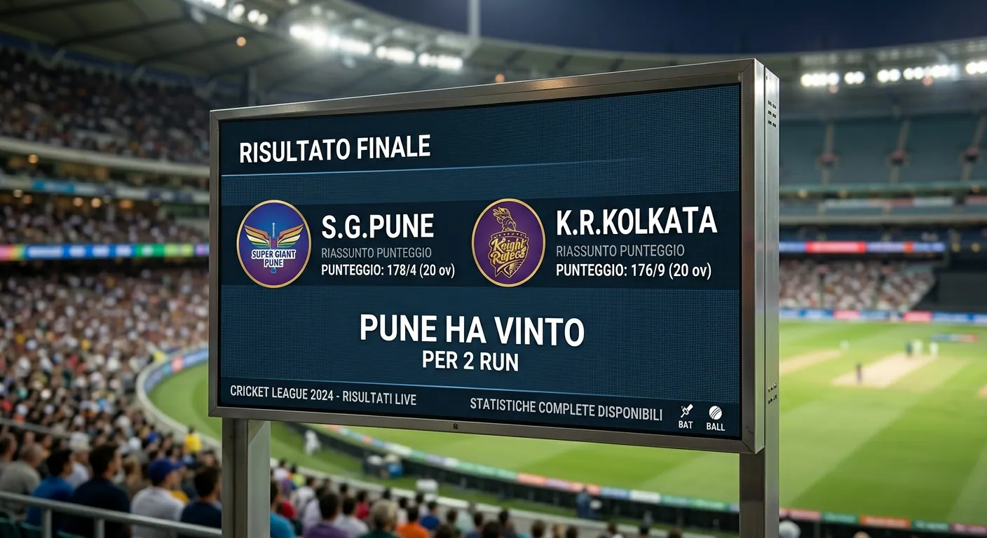 Schermo che mostra l'esito di un match di cricket con le squadre in evidenza