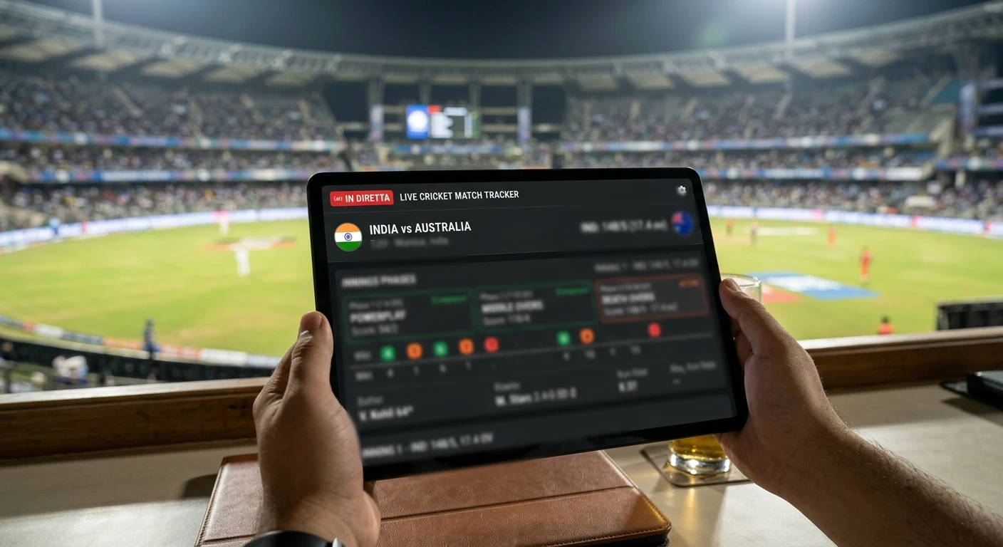 Tabellone live di un match cricket che mostra le fasi dell'innings durante l'in-play