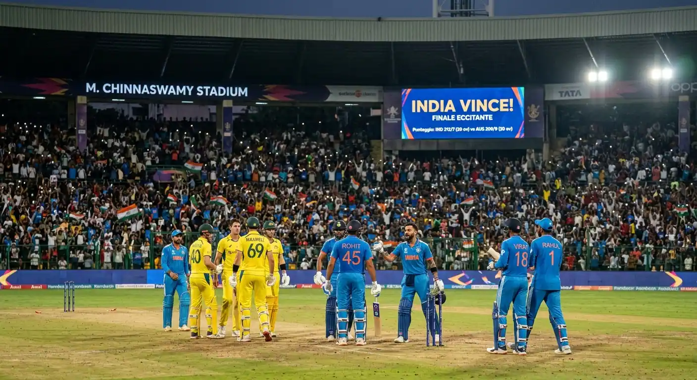 Stadio di cricket gremito durante un finale teso deciso al super over