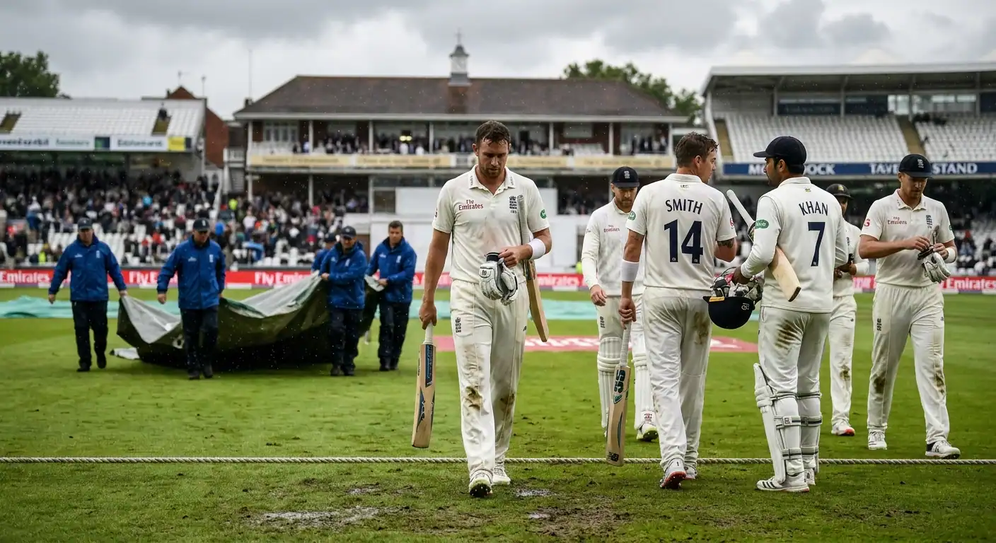 Giocatori di cricket che lasciano il campo dopo l'interruzione di una partita