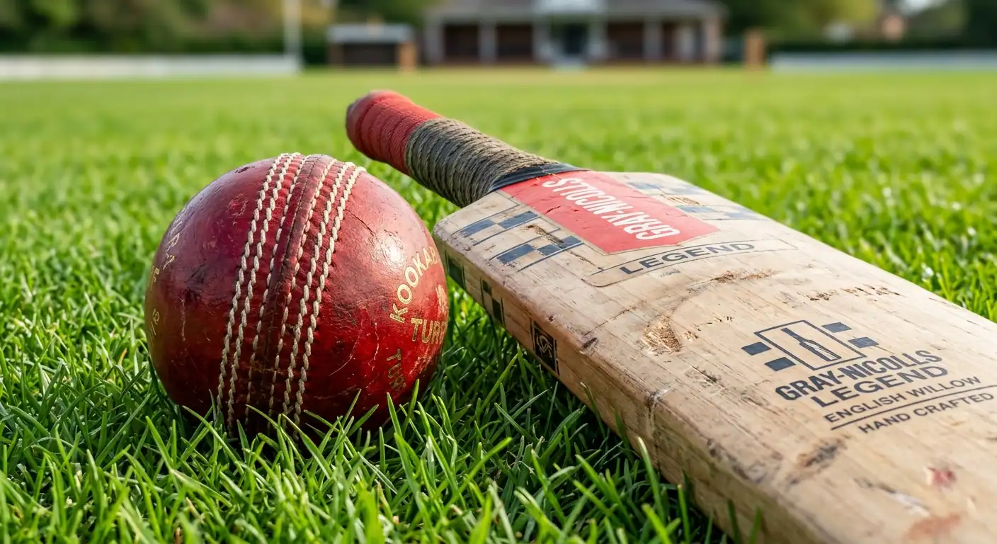 Dettaglio di palla da cricket rossa e mazza appoggiate sull'erba di un campo da gioco