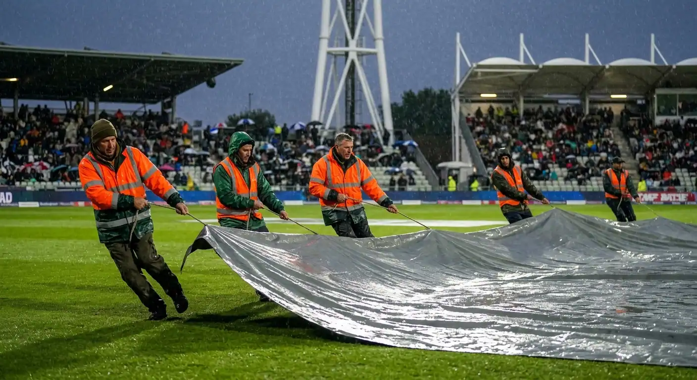 Addetti al campo che srotolano i teloni di copertura sul pitch di cricket sotto la pioggia