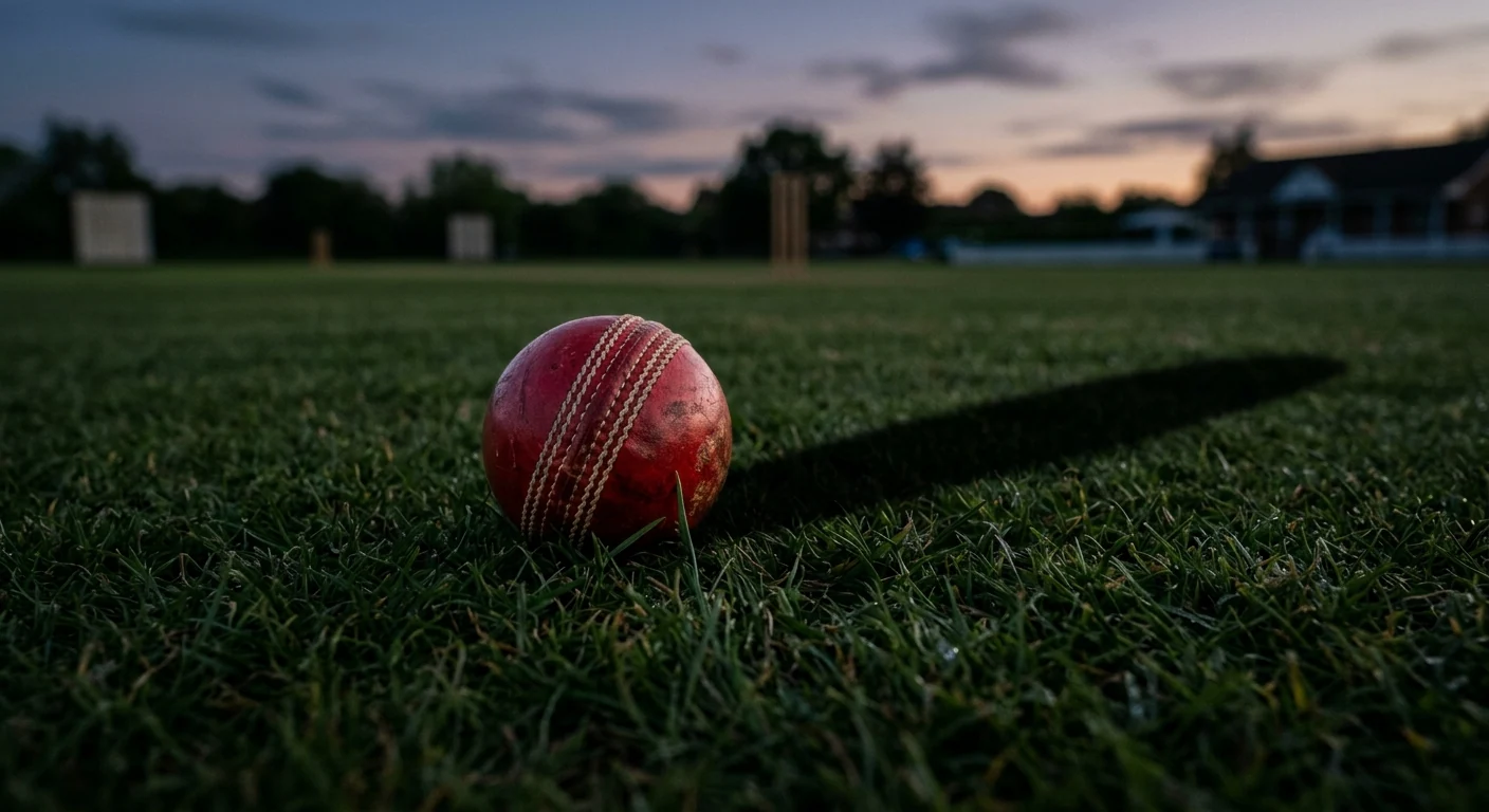Palla da cricket appoggiata sull'erba con una lunga ombra al tramonto