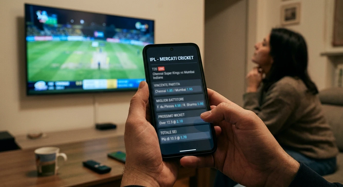 Schermo con i mercati live di una partita di cricket della lega T20