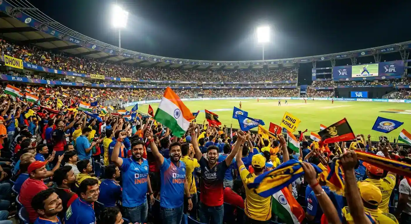 Folla colorata in uno stadio di cricket durante una partita di T20
