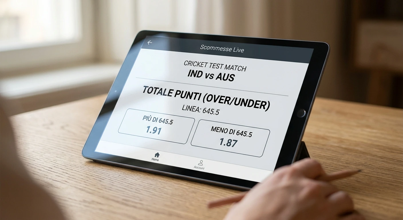 Schermo con un mercato over/under sul totale dei run di un match di cricket
