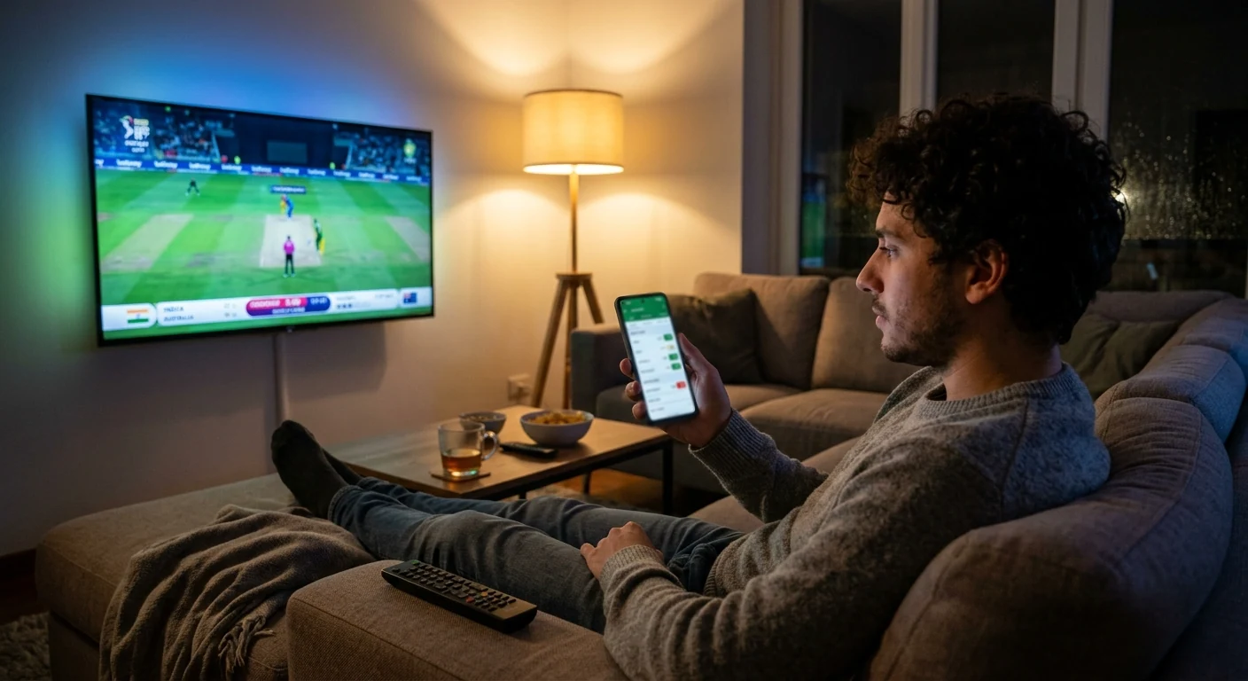 Persona che segue il live betting sul cricket dal telefono sul divano la sera