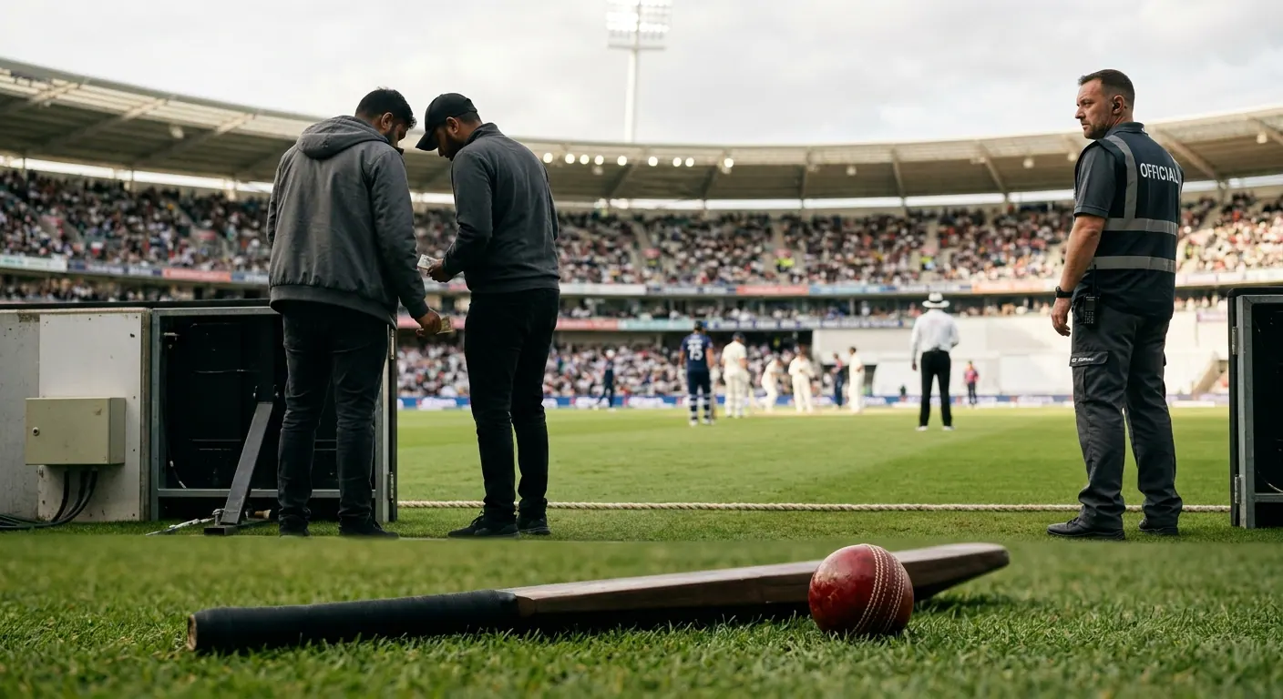Stumps di cricket illuminati in uno stadio vuoto a simboleggiare l'integrità del gioco