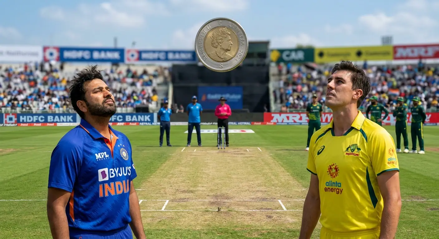 Monetina del toss in aria sopra il pitch di cricket durante il sorteggio