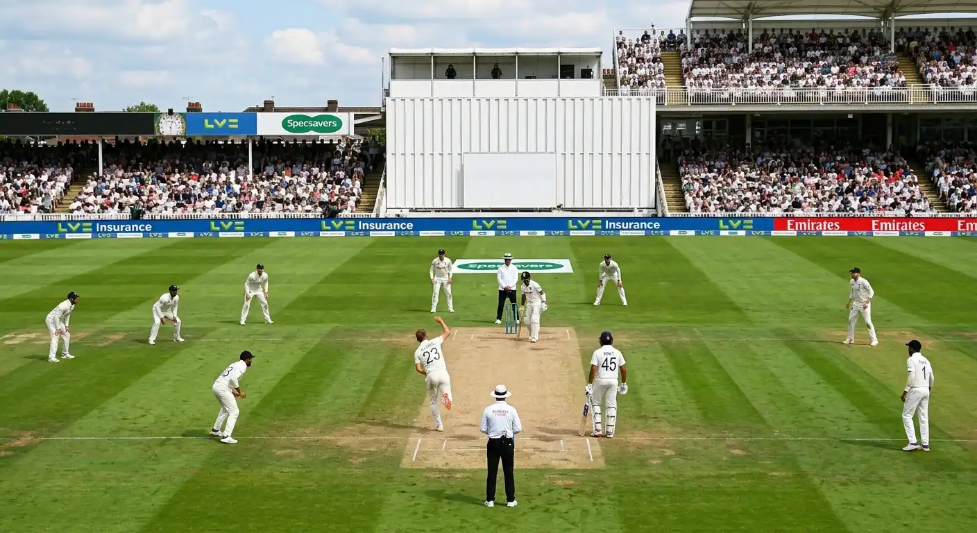 Lanciatore di cricket all'inizio di un over con i fielder schierati intorno