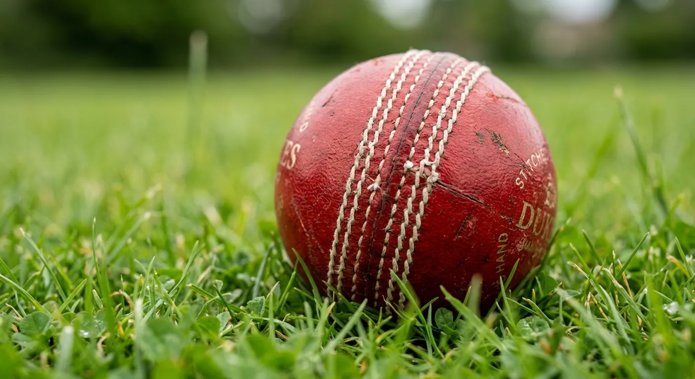 Primo piano di una palla da cricket rossa con le cuciture in rilievo