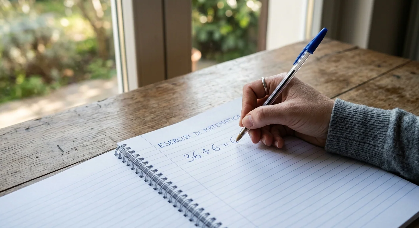 Persona che svolge una semplice divisione su un blocco note con la penna