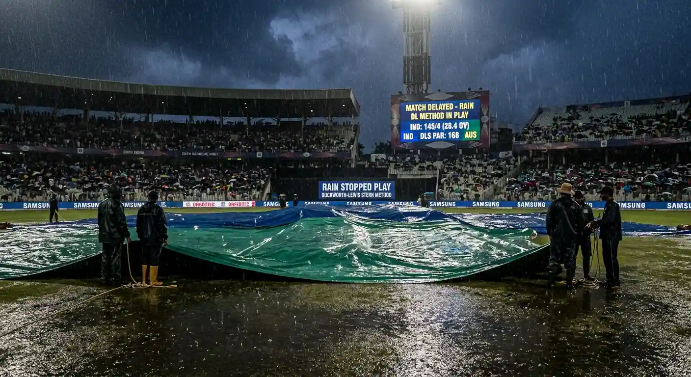 Pioggia battente su un campo da cricket coperto con teloni protettivi e tabellone luminoso