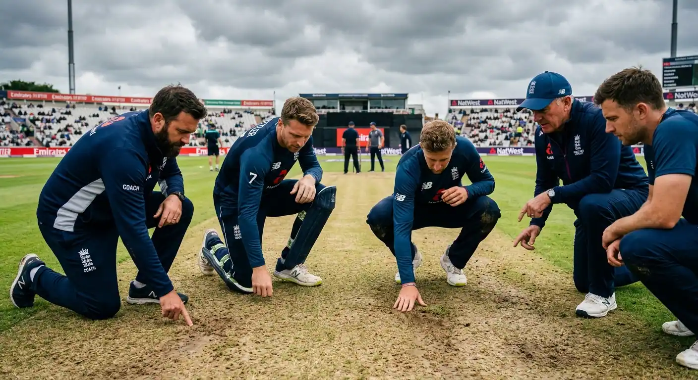 Giocatori e staff che ispezionano il pitch di cricket prima dell'inizio