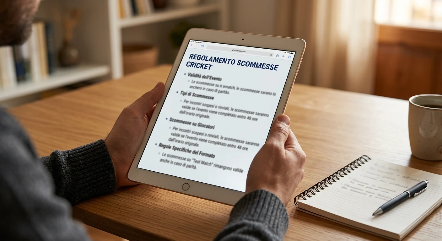 Persona che legge il regolamento di un bookmaker sul cricket su un tablet