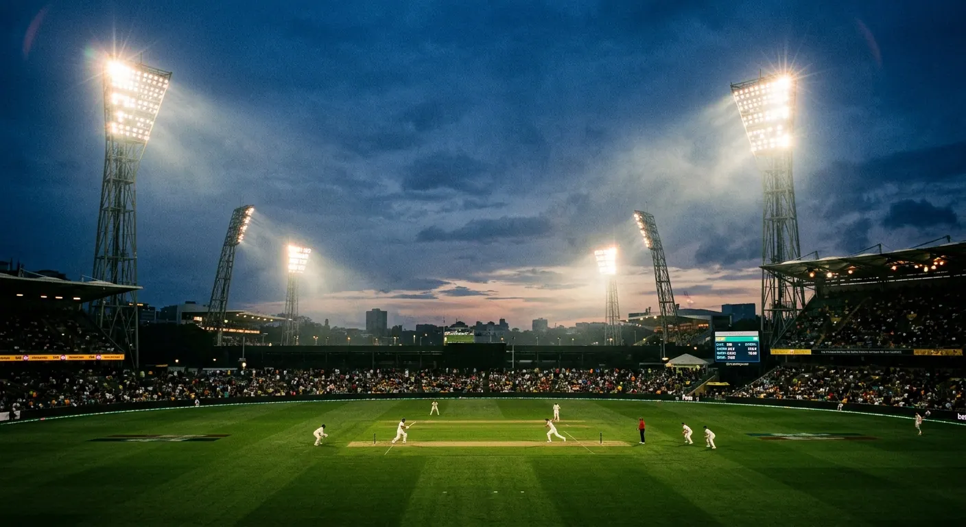 Riflettori che illuminano uno stadio di cricket durante una partita serale