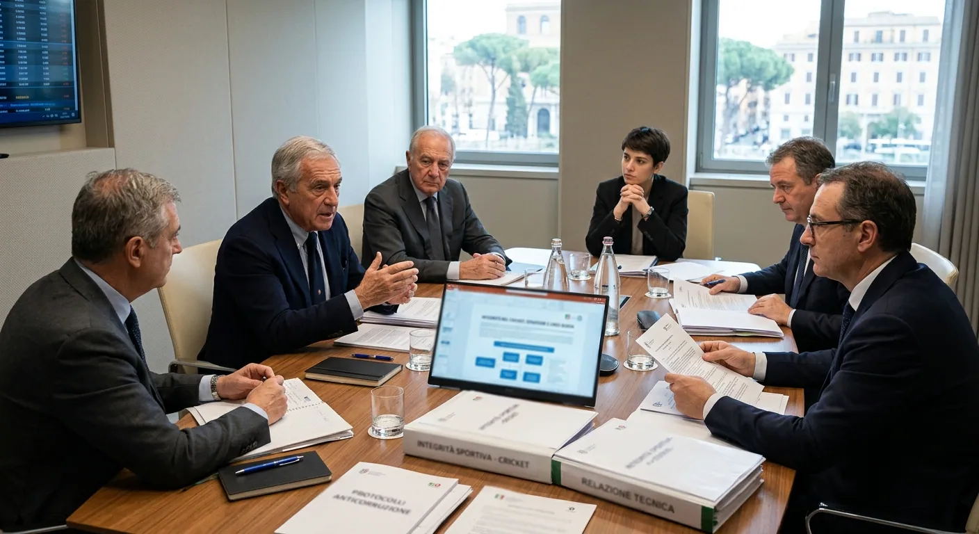 Riunione formale dedicata all'integrità sportiva attorno a un tavolo