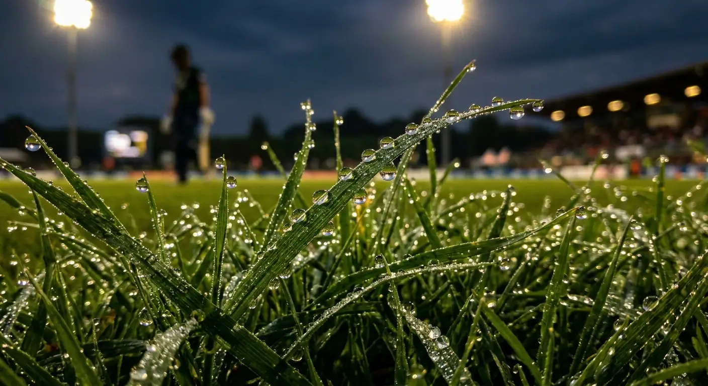 Gocce di rugiada sull'erba di un campo da cricket alla sera
