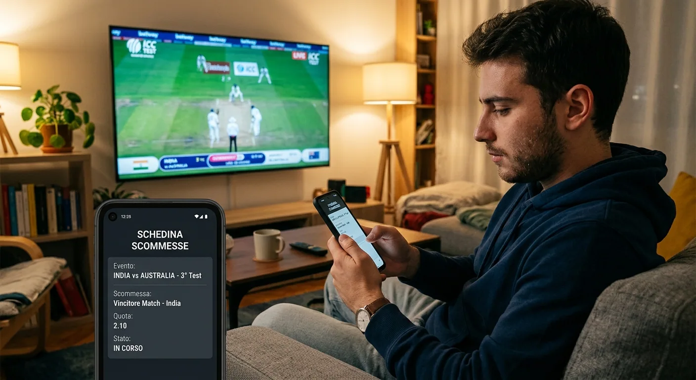 Persona che controlla la propria giocata sul vincente di un match di cricket al telefono