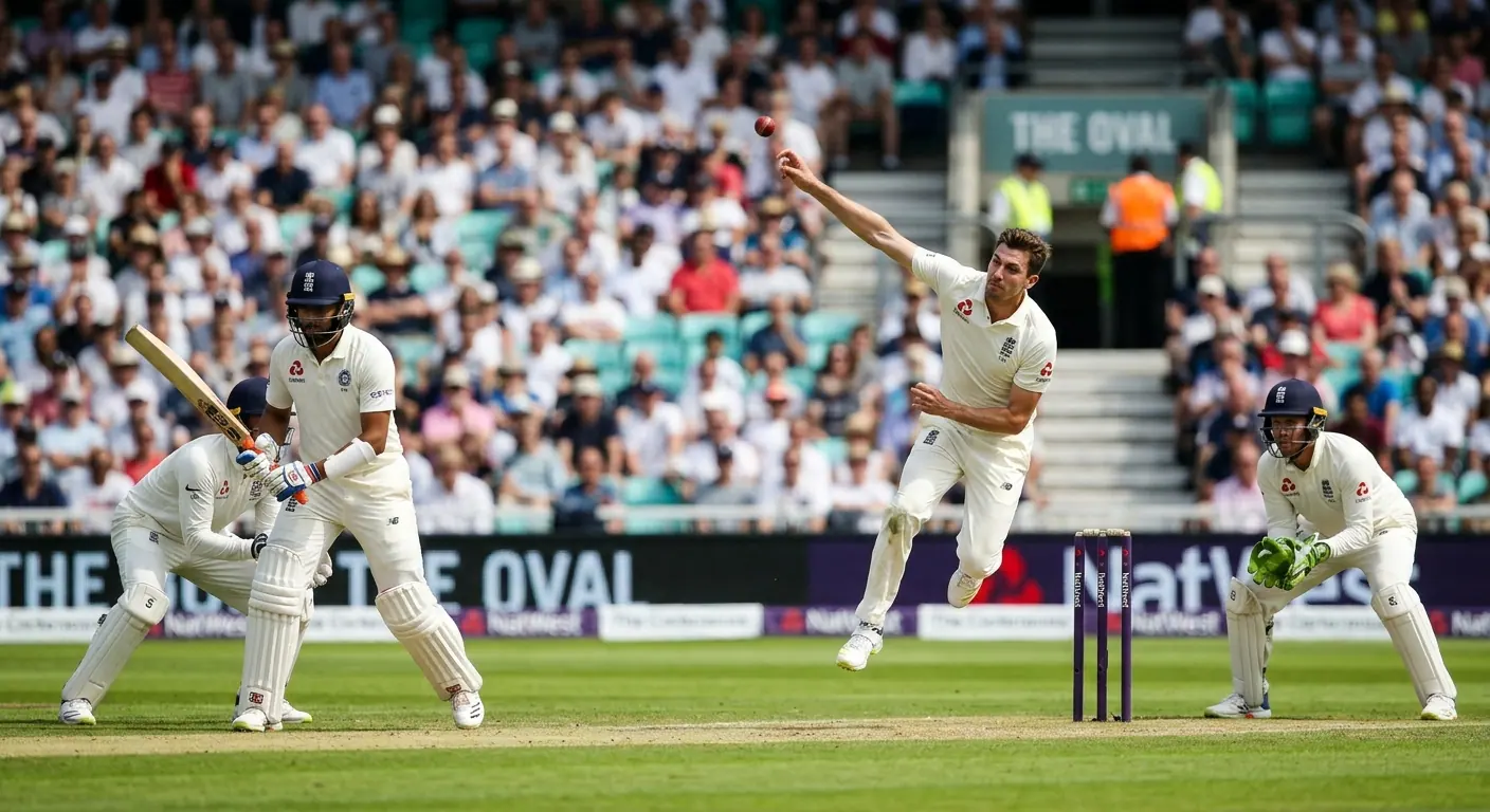 Lanciatore di cricket che effettua la prima consegna mentre il battitore si prepara a colpire