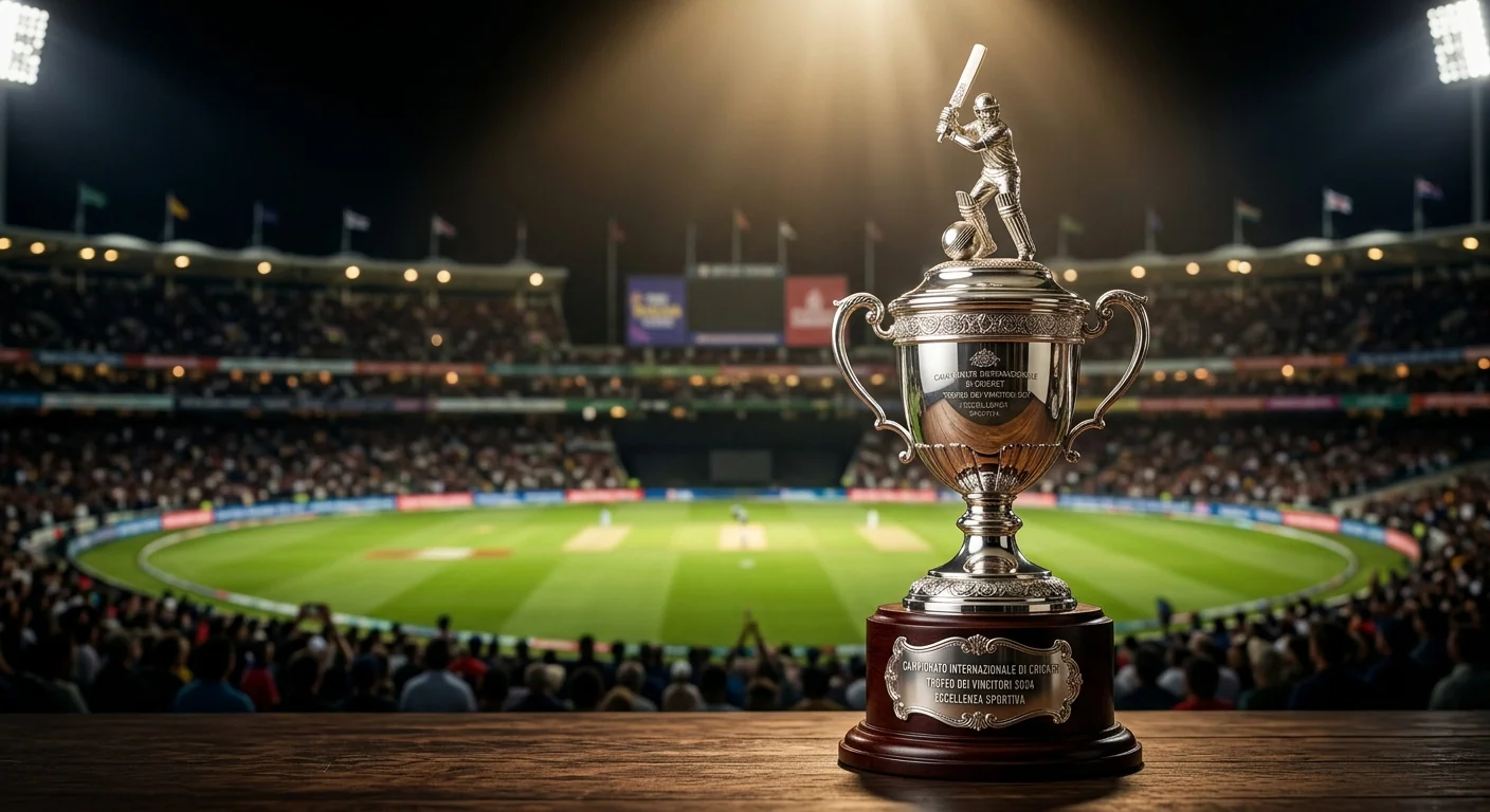 Trofeo di un torneo di cricket esposto sullo sfondo di uno stadio illuminato