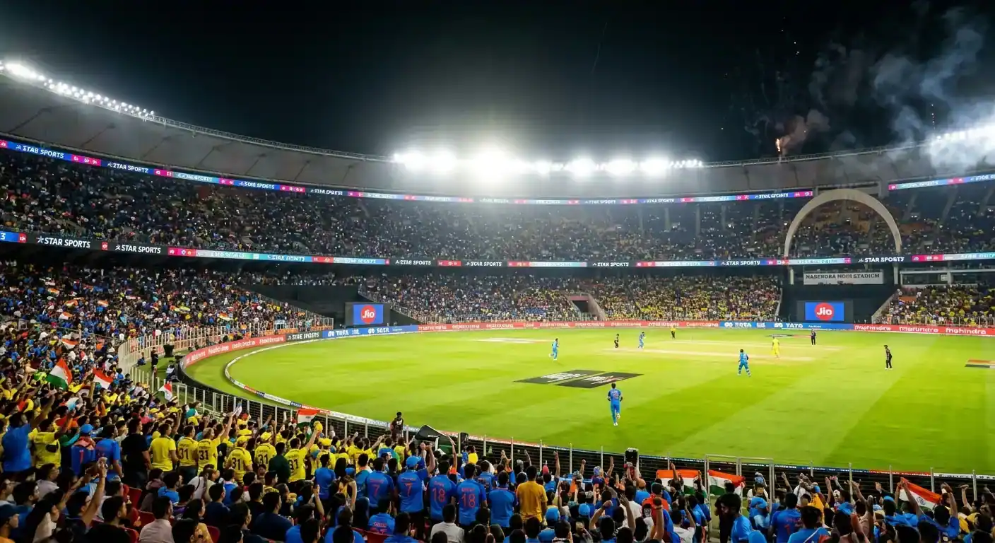 Stadio di cricket gremito durante una partita serale di T20 con i riflettori accesi
