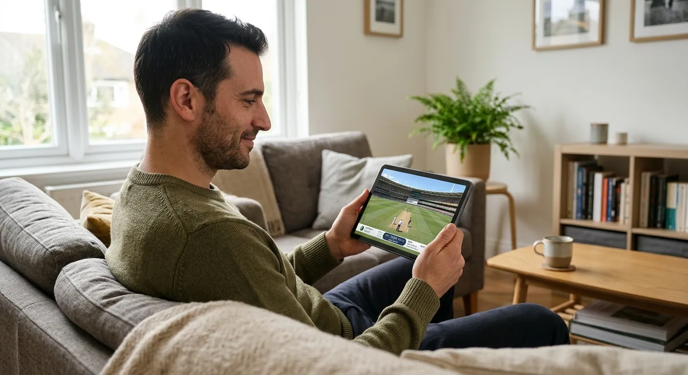Scommettitore che segue una partita di cricket in un contesto regolare e trasparente