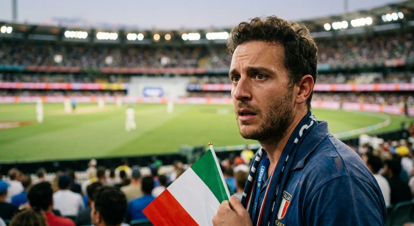 Tifoso di cricket con espressione tesa mentre segue il finale incerto di una partita