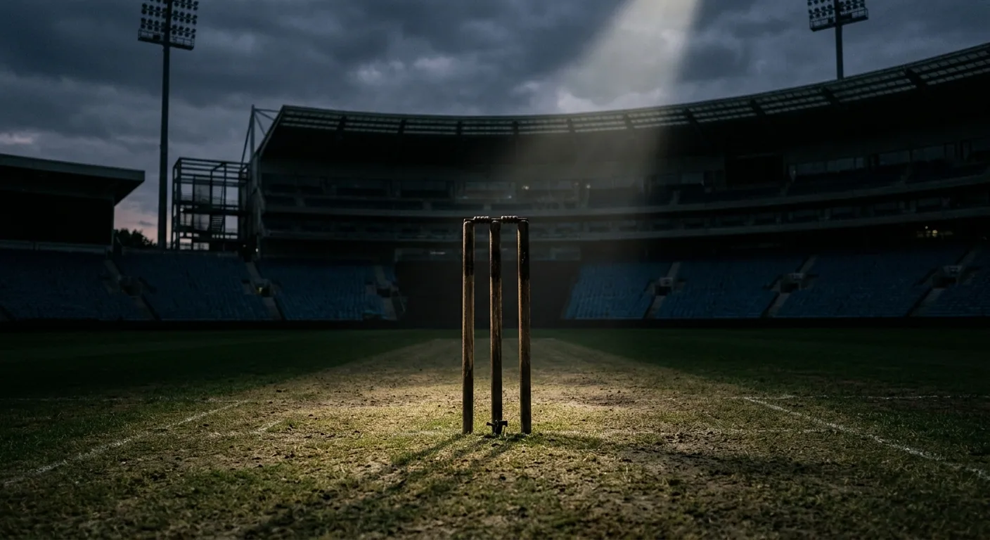 Stumps di cricket al centro di un campo deserto in una luce sobria