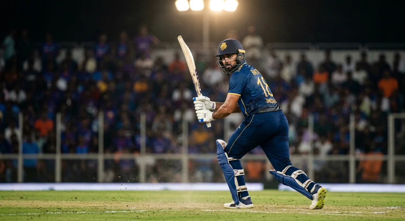 Battitore di cricket pronto a colpire durante un super over decisivo sotto i riflettori