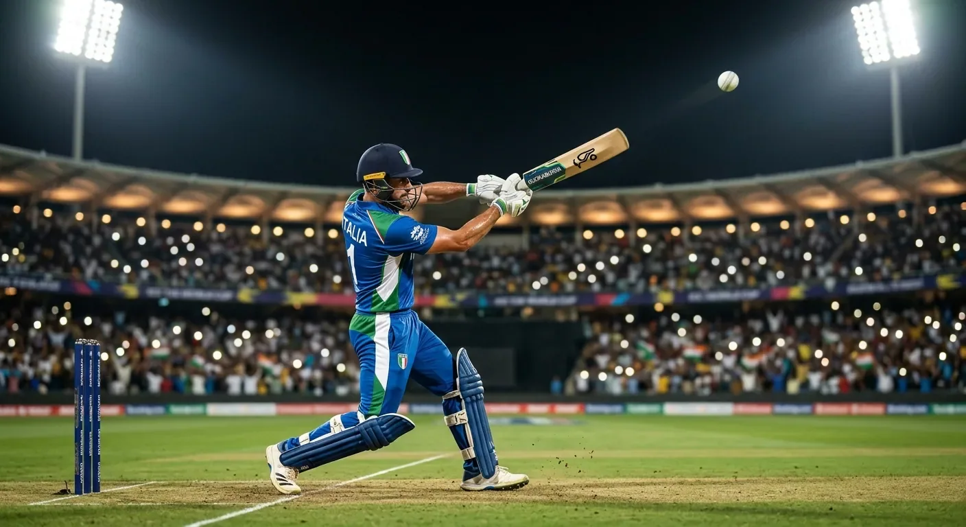 Battitore di cricket T20 che esegue un colpo aggressivo verso le tribune
