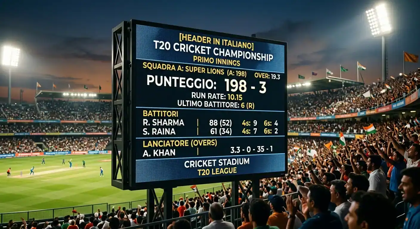 Tabellone di cricket che mostra un punteggio elevato tipico del T20