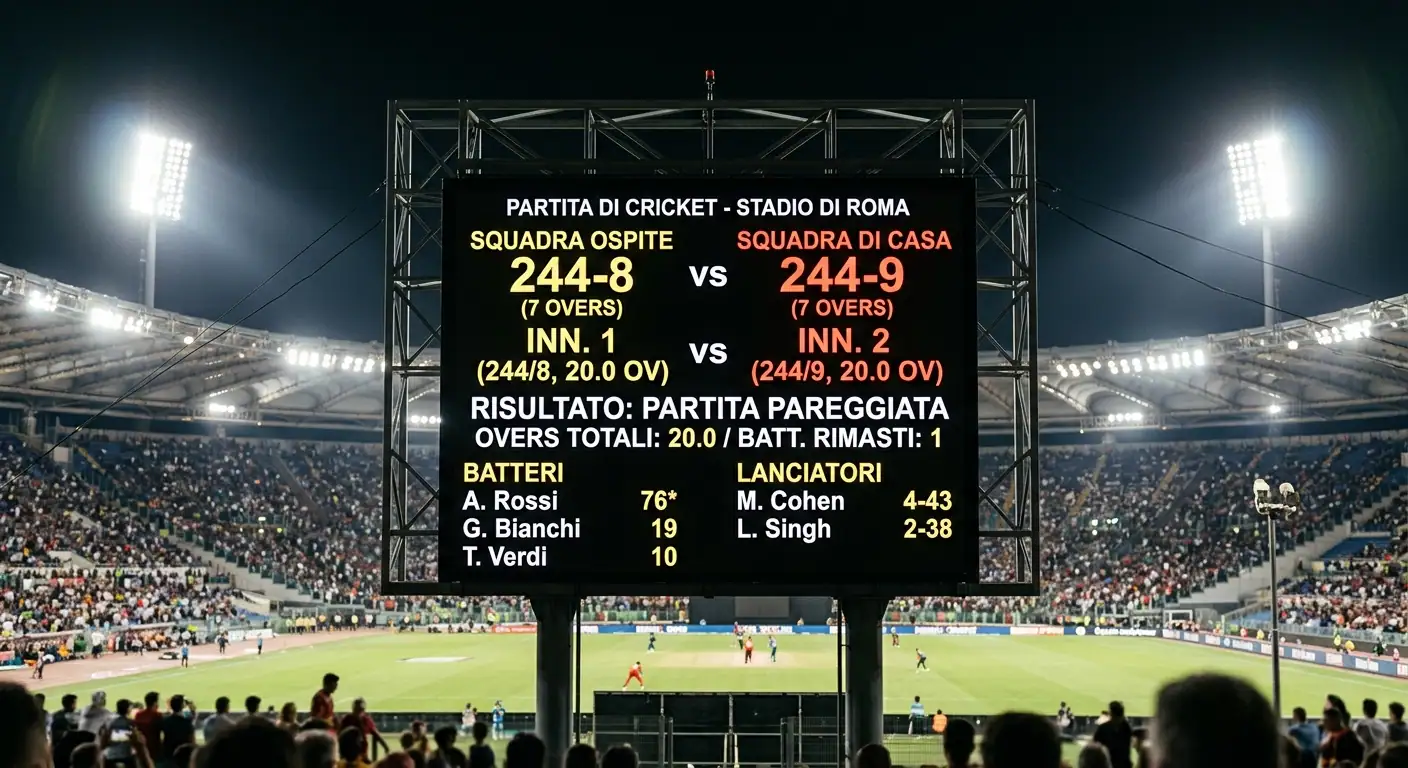 Tabellone di cricket che mostra un punteggio in parità tra le due squadre