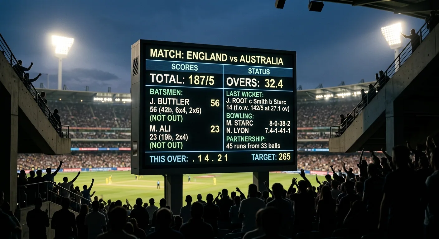 Tabellone elettronico di uno stadio di cricket che mostra il punteggio durante un match