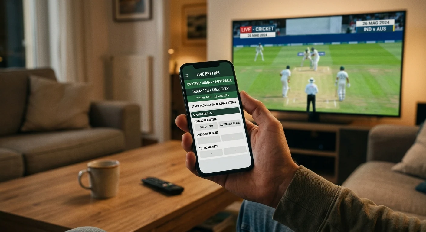 Smartphone con una giocata sul cricket in corso mentre la partita è in TV