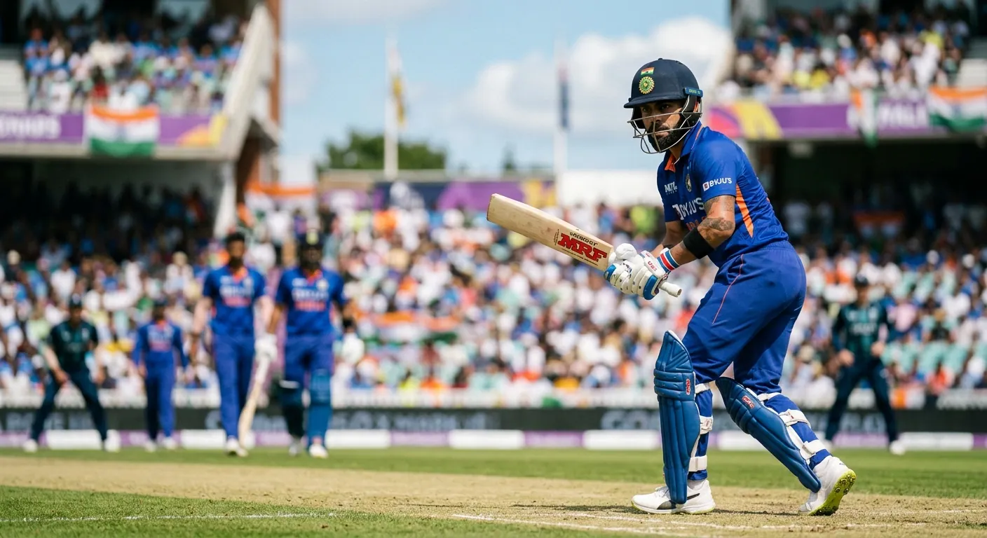 Battitore di cricket protagonista del match inquadrato durante un colpo potente