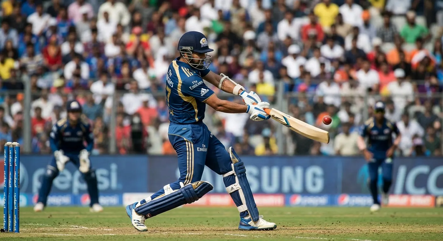 Top batsman di cricket che esegue un colpo potente verso il boundary