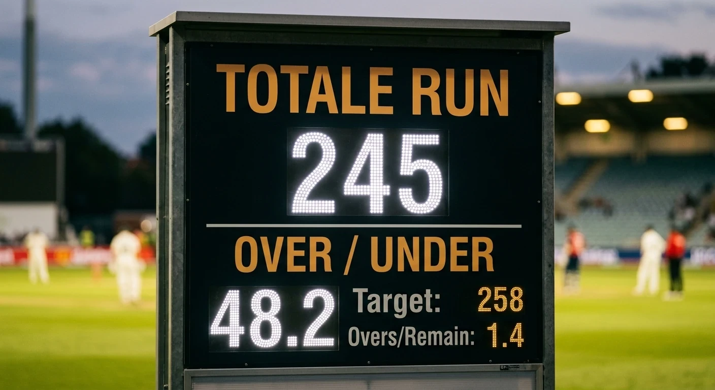 Tabellone con il totale run di un innings cricket e la soglia over under fissata
